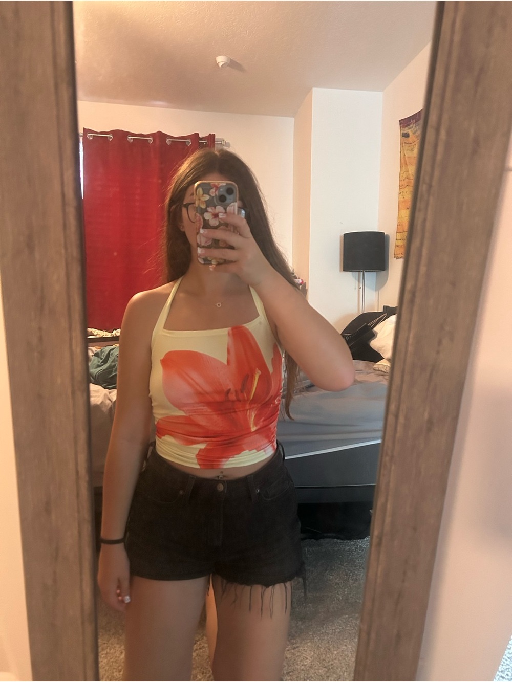 SHEIN Yellow Halter Floral Crop Top with Red-Orange Bloom